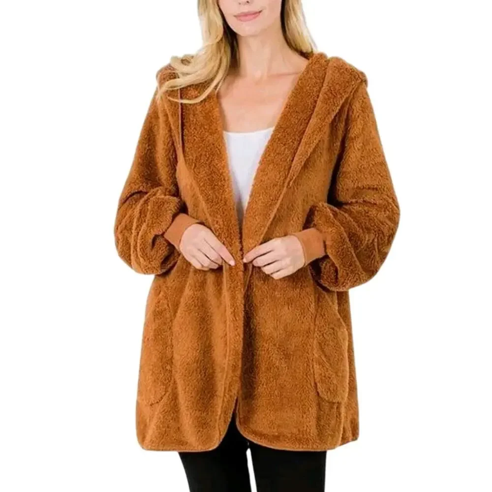 ZENANA Hooded Faux Fur Jacket with Pockets, Almond Brown, Size Medium